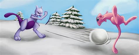 mewtwo vs mew in the snow by sushy00 on deviantart