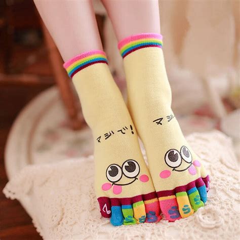 women cotton smile print kawaii toe socks cute colorful patchwork