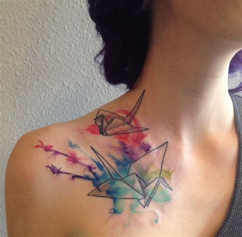 watercolor origami paper crane tattoo  shoulder  nevermore