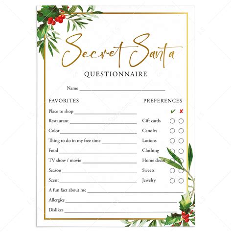 secret santa questions form  adults printable holiday gift