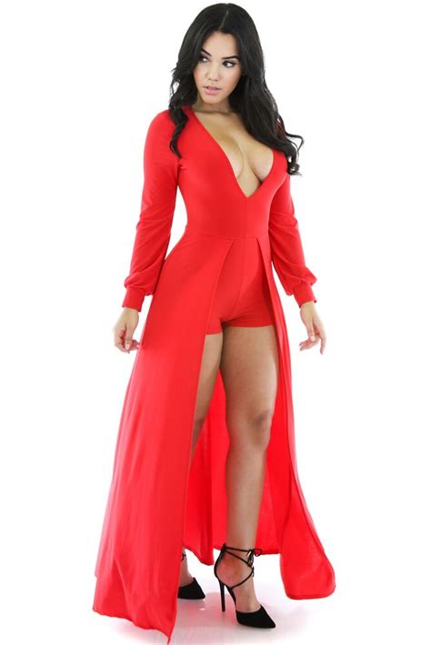 new fashion women red long sleeve deep v neck jumpsuits rompers flared