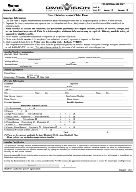 form ms amerihealth direct reimbursement claim form
