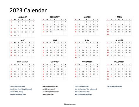 printable year   glance calendar  calendarkart