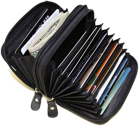 genuine leather credit card holder wallet accordion double zipper