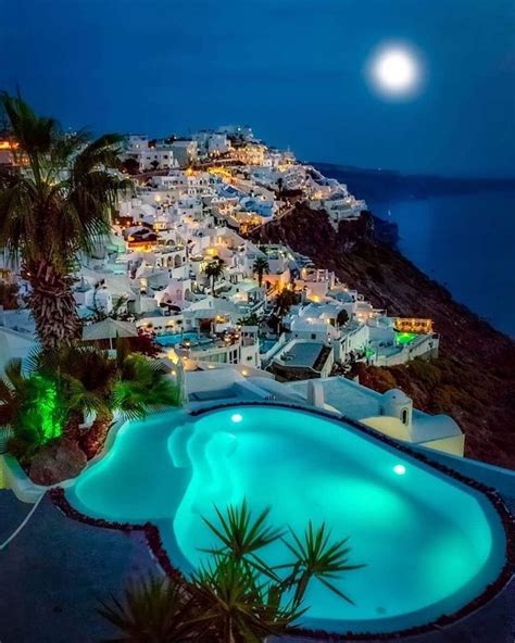 Overlooking The Santorini Nightlife Oia Santorini Greece Dream