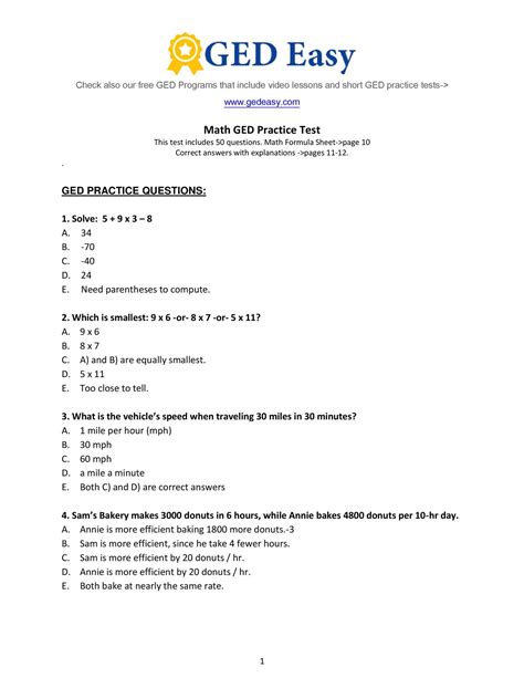 printable ged practice test  answer key  printable