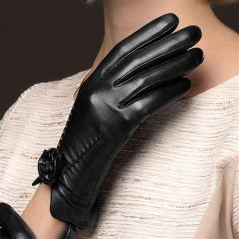 fashion women genuine leather gloves sheepskin glove wrist rose black