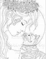 Coloring Pages Adult Cat Printable Adults Kiss Print Girl Wild Things Beautiful Fairy Fantasy Kitty Etsy Book Witches Little Detailed sketch template