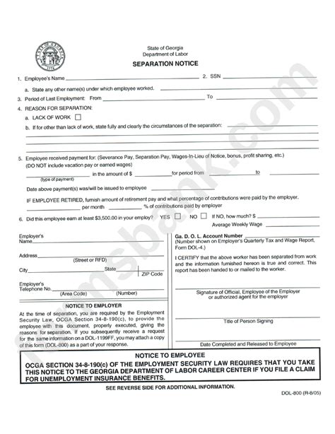 department  labor separation notice fillable form printable forms