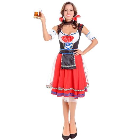 Red German Beer Girl Outfit Adult Bavarian Dirndl Dress Oktoberfest