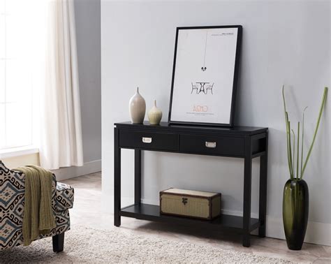 black console table  drawers  shelf check  open shelvesthe table  drawers