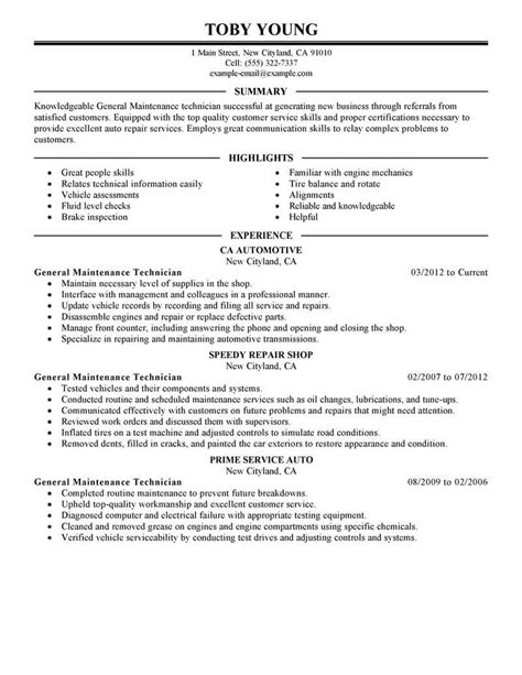 sample resume  maintenance technician  document template