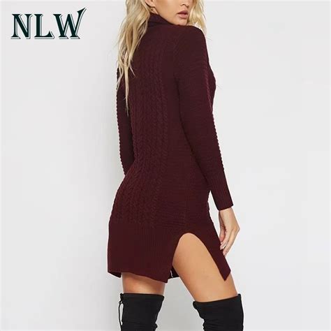 Nlw Turtleneck Knitted Women Sexy Mini Sweater Dresses Long Sleeve
