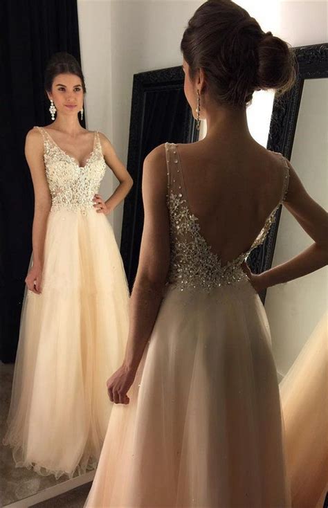 Sexy Backless Lace Evening Prom Dresses Champagne Long Party Prom