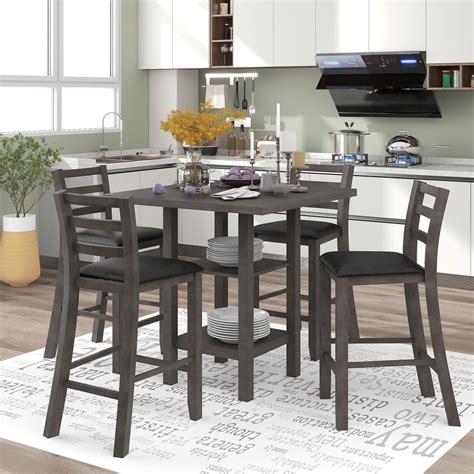 skyland  piece wooden counter height dining set square dining table   tier storage