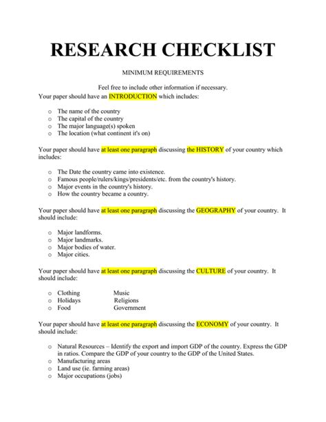 country project research checklist