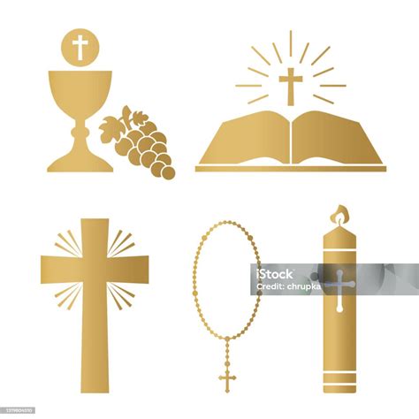 vetores de conjunto de icones  cristianismo dourado calice de