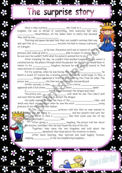 the surprise story esl worksheet by day fávero