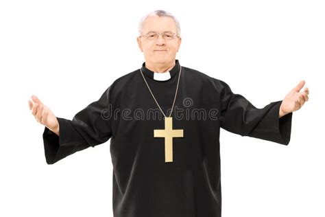 mature reverend  black mantle  open hands stock image image