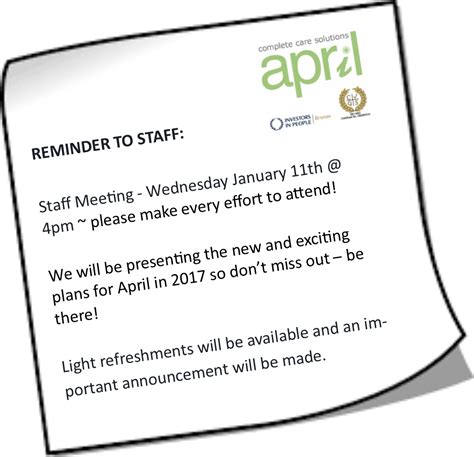 staff meeting reminder april complete care solutions