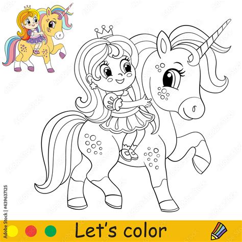 cartoon cute girl riding  magical unicorn coloring stock vector