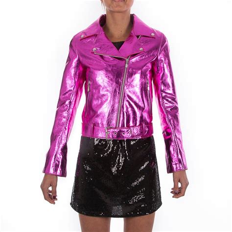 Metallic Hot Pink Fuchsia Women Lamb Leather Biker Jacket Pink Biker