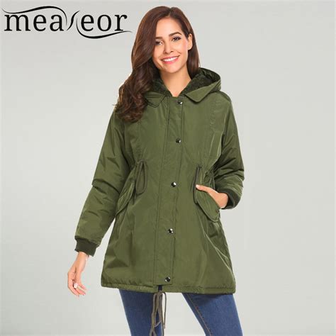 meaneor women winter thick warm jackets fleece hooded drawstring solid long quilted military