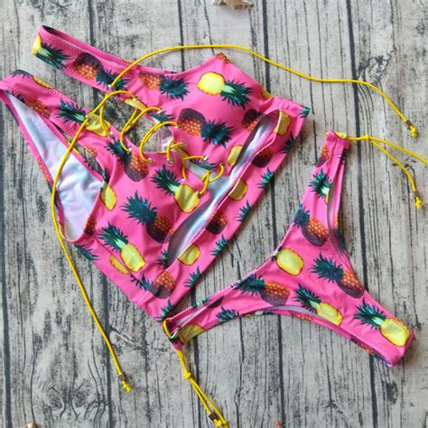 sexy thong bikinis bandage biquini may female beach swimsuit print lips