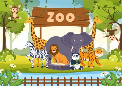 zoo cartoon illustration  safari animals elephant giraffe lion