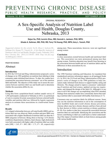 Pdf A Sex Specific Analysis Of Nutrition Label Use And Health