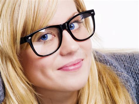 Smiling Blond Woman In Big Glasses Stock Image Image Of