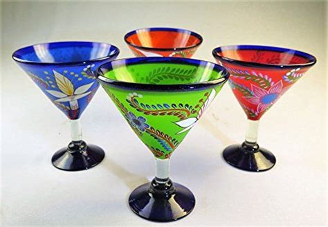 Mexican Glass Margarita Martini Hand Painted Flowers Mixed 14 Oz Set Of