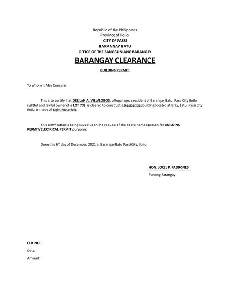 barangay clearance   sample  republic   philippines