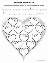 Number Bonds Heart Worksheets 14 Math Themed Hearts Printable Activity Worksheet Message Valentine Kids Work Fun Mystery Treevalleyacademy Activities Pairs sketch template