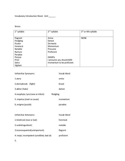 vocabulary introduction sheet