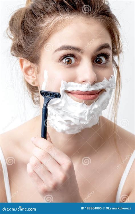 woman shaving her face by razor stock image image of funny beard