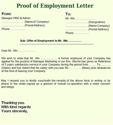 proof  employment letter format letter template word employment