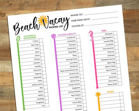 printable beach vacation packing list beach vacay checklist etsy