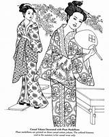 Geisha Coloring Drawing Japan Medallions Plum Yukata Decorated Casual Clothing Drawings Designlooter Netart sketch template