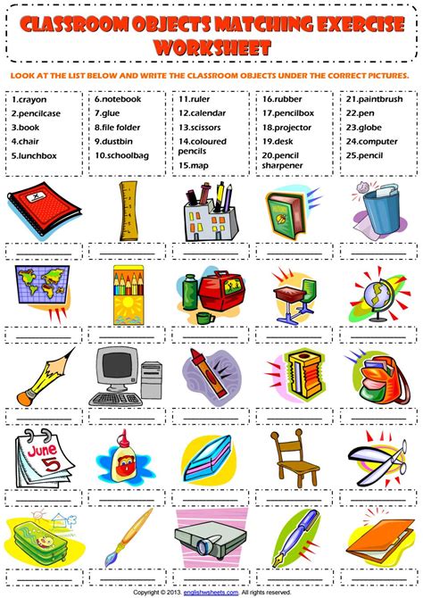 classroom objects supplies vocabulary matching exercise worksheet