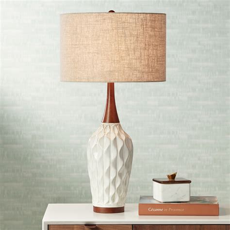 lighting mid century modern table lamp  tall white geometric ceramic wood tan fabric drum