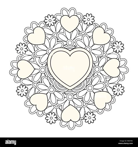 flower mandala  hearts valentines day coloring page stock vector