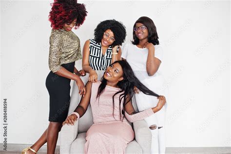 Happy Brightful Positive Moments Of Four African Girls Having Fun And
