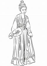 Coloring Chinese Hanfu Woman China Dress Pages Wearing Terracotta Drawing Kids Warrior Printable Girl Boy Lady sketch template