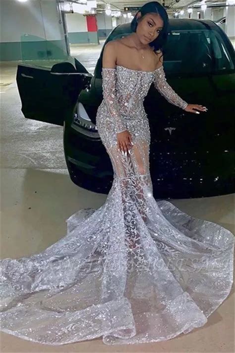 shiny silver   shoulder long sleeves appliques court train mermaid prom dresses prom