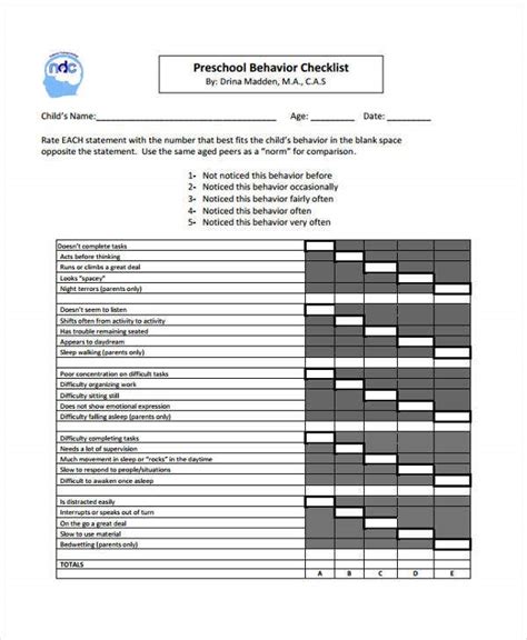 behavior checklist templates   word format