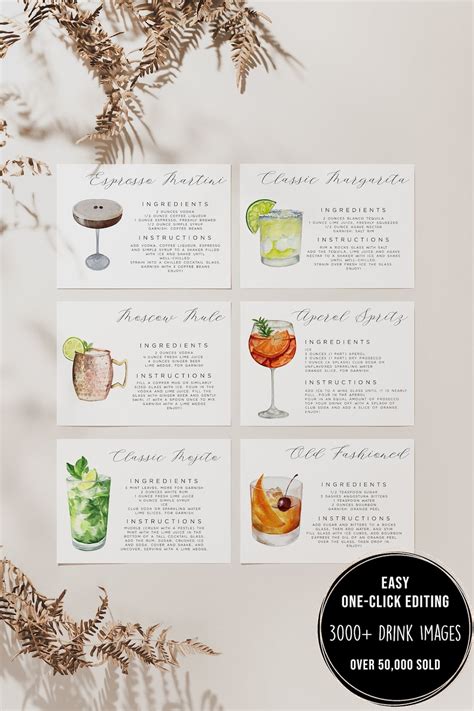 cocktail recipe cards template editable drink recipe card etsy