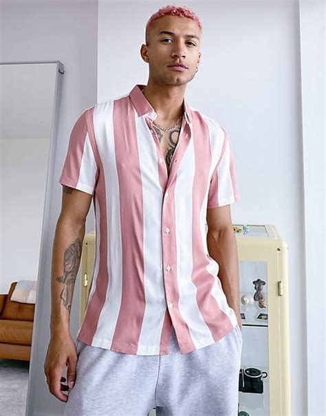 bershka vertical stripe shirt  pink asos