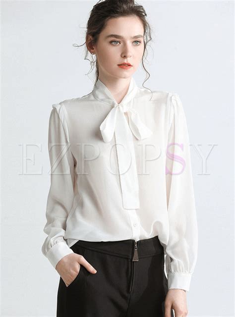 Tops Blouses Fashion White Tied Collar Bowknot Slim Blouse