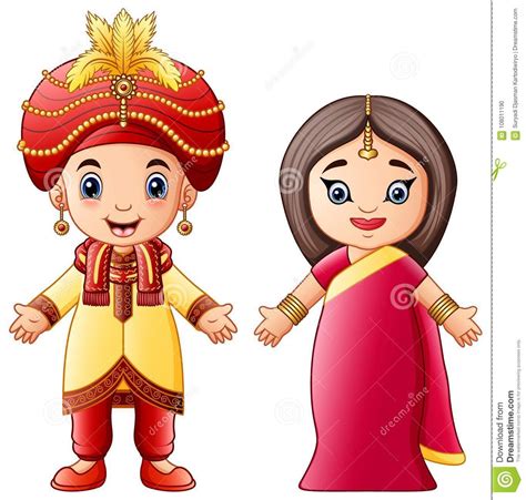 cartoon indian couple wearing traditional costumes stock vector